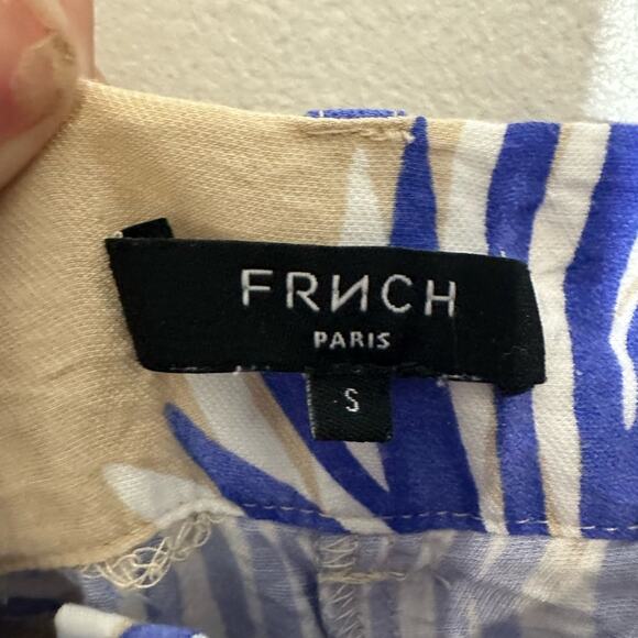 FRNCH Wide Leg Palm Leaf Pants, Crinkle, Taupe and Blue, Boho, High Rise Small - Picture 9 of 9